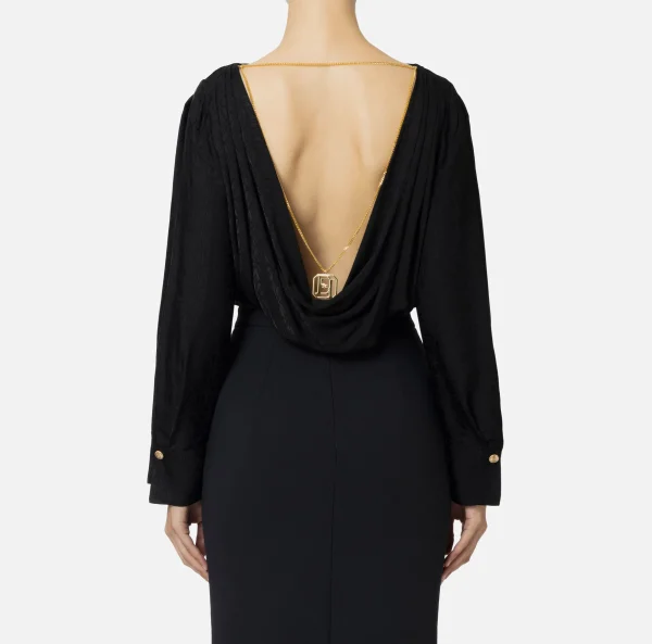 Elisabetta Franchi Camicie E Bluse | Top, T-Shirt & Body^Camicia body in raso jacquard con collana Nero