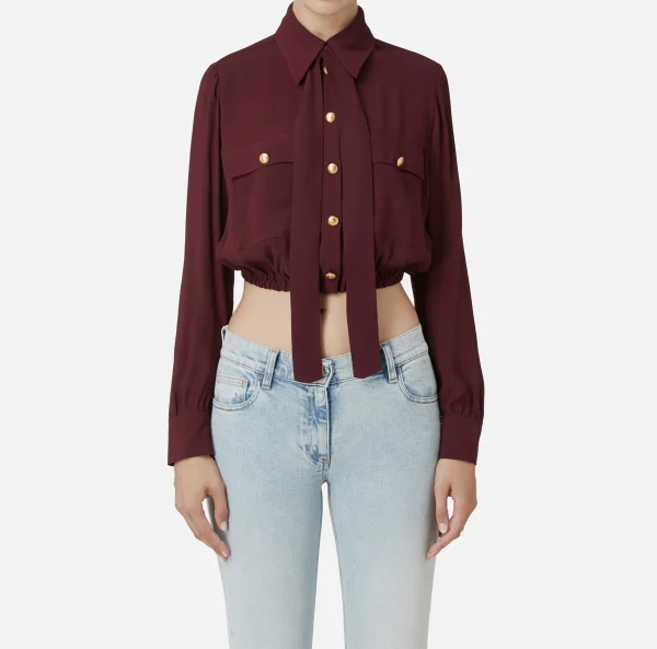 Elisabetta Franchi Camicie E Bluse^Camicia cropped in georgette con foulard RougeNoir