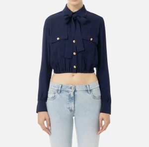 Elisabetta Franchi Camicie E Bluse^Camicia cropped in georgette con foulard Navy