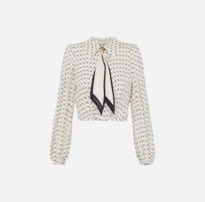 Elisabetta Franchi Camicie E Bluse^Camicia cropped in georgette stampa rombo con foulard Burro/Nero