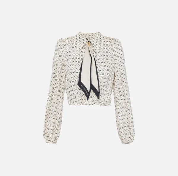 Elisabetta Franchi Camicie E Bluse^Camicia cropped in georgette stampa rombo con foulard Burro/Nero