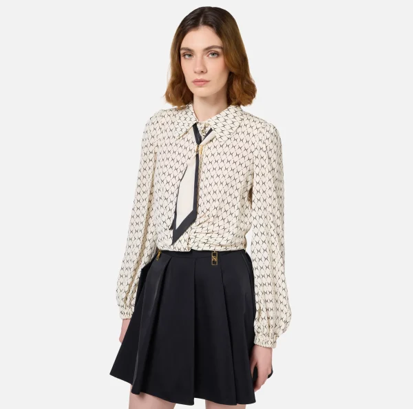 Elisabetta Franchi Camicie E Bluse^Camicia cropped in georgette stampa rombo con foulard Burro/Nero