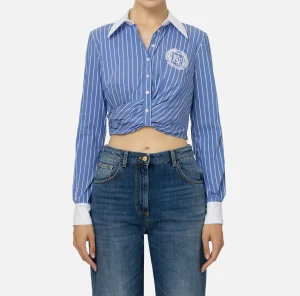 Elisabetta Franchi Camicie E Bluse^Camicia cropped in popeline rigato con drappeggio Navy/Bianco