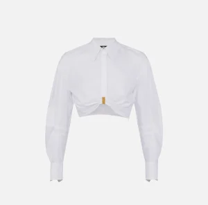 Elisabetta Franchi Camicie E Bluse^Camicia cropped in popeline con drappeggio e anella Bianco