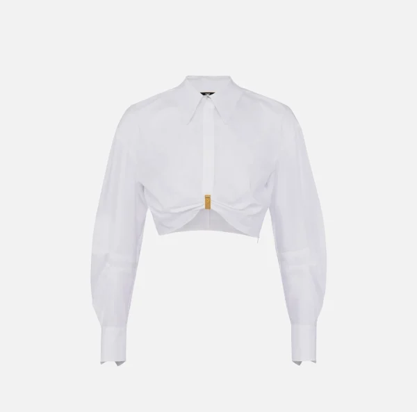 Elisabetta Franchi Camicie E Bluse^Camicia cropped in popeline con drappeggio e anella Bianco