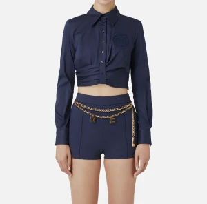 Elisabetta Franchi Camicie E Bluse^Camicia cropped in popeline stretch con drappeggio Navy