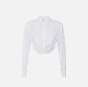 Elisabetta Franchi Camicie E Bluse^Camicia cropped in popeline a righe con fondo asimmetrico Bianco