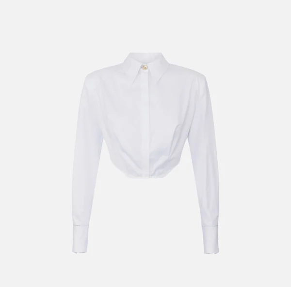 Elisabetta Franchi Camicie E Bluse^Camicia cropped in popeline a righe con fondo asimmetrico Bianco