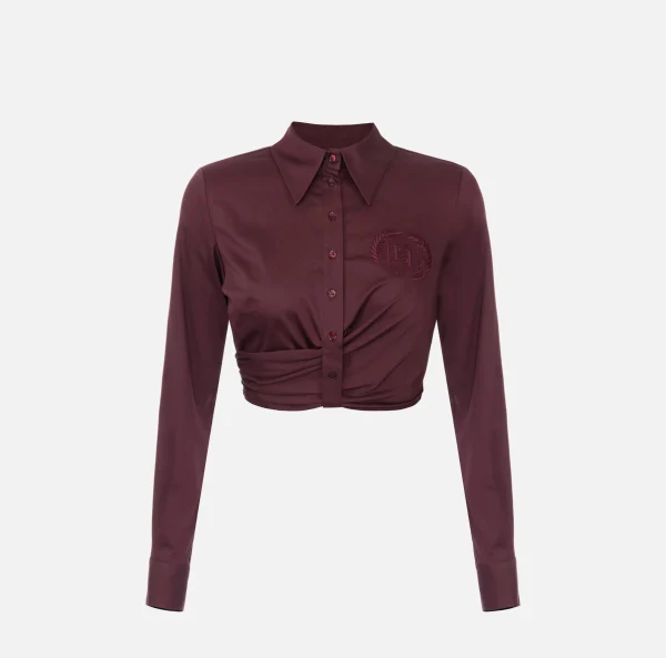 Elisabetta Franchi Camicie E Bluse^Camicia cropped in popeline stretch con drappeggio RougeNoir