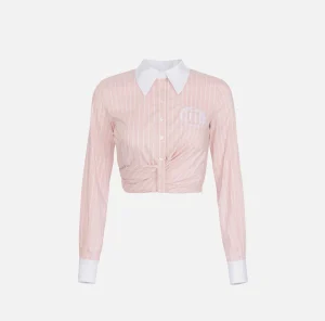 Elisabetta Franchi Camicie E Bluse^Camicia cropped in popeline rigato con drappeggio PowderPink/Bianco