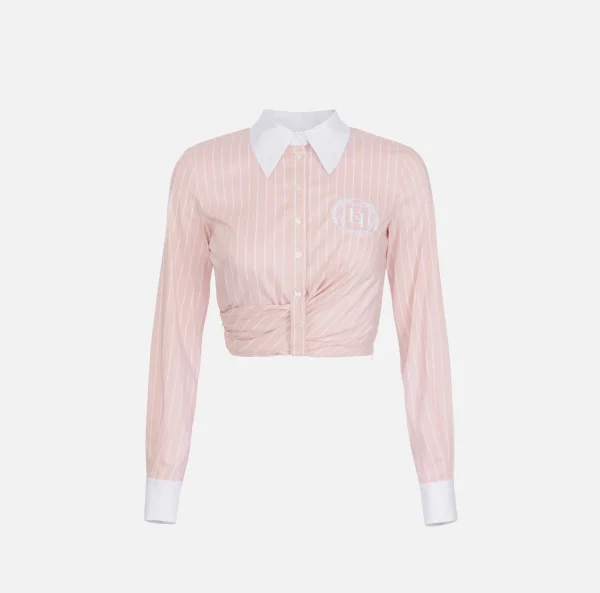Elisabetta Franchi Camicie E Bluse^Camicia cropped in popeline rigato con drappeggio PowderPink/Bianco