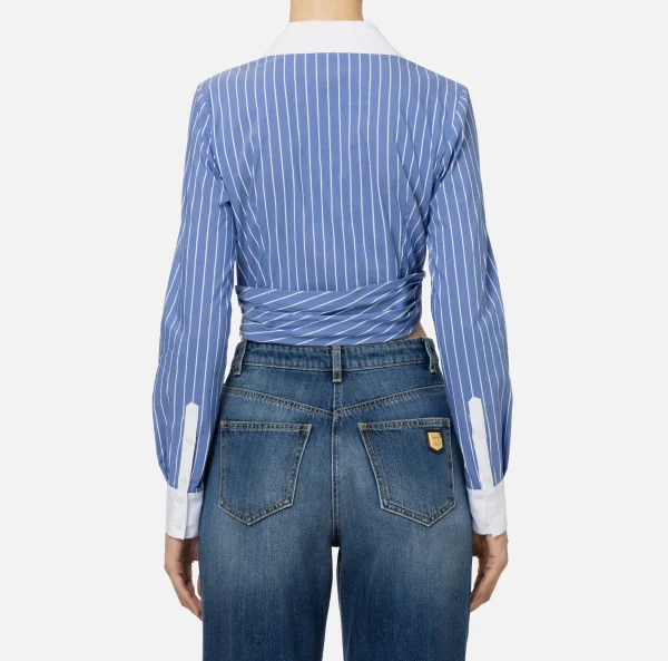Elisabetta Franchi Camicie E Bluse^Camicia cropped in popeline rigato con drappeggio Navy/Bianco