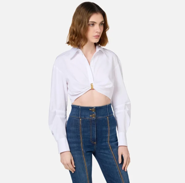 Elisabetta Franchi Camicie E Bluse^Camicia cropped in popeline con drappeggio e anella Bianco