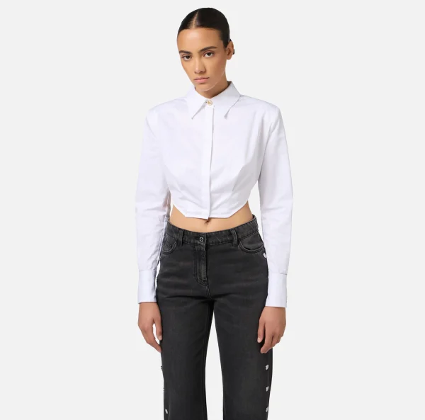 Elisabetta Franchi Camicie E Bluse^Camicia cropped in popeline a righe con fondo asimmetrico Bianco