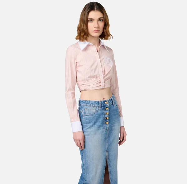 Elisabetta Franchi Camicie E Bluse^Camicia cropped in popeline rigato con drappeggio PowderPink/Bianco