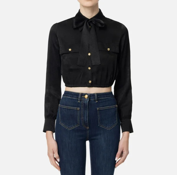 Elisabetta Franchi Camicie E Bluse^Camicia cropped in raso jacquard con foulard Nero
