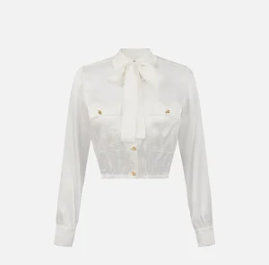 Elisabetta Franchi Camicie E Bluse^Camicia cropped in raso jacquard con foulard Avorio