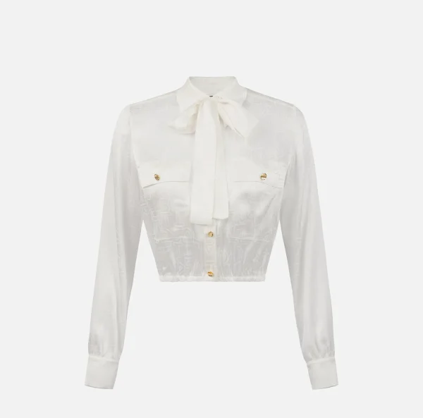 Elisabetta Franchi Camicie E Bluse^Camicia cropped in raso jacquard con foulard Avorio