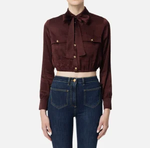 Elisabetta Franchi Camicie E Bluse^Camicia cropped in raso jacquard con foulard RougeNoir