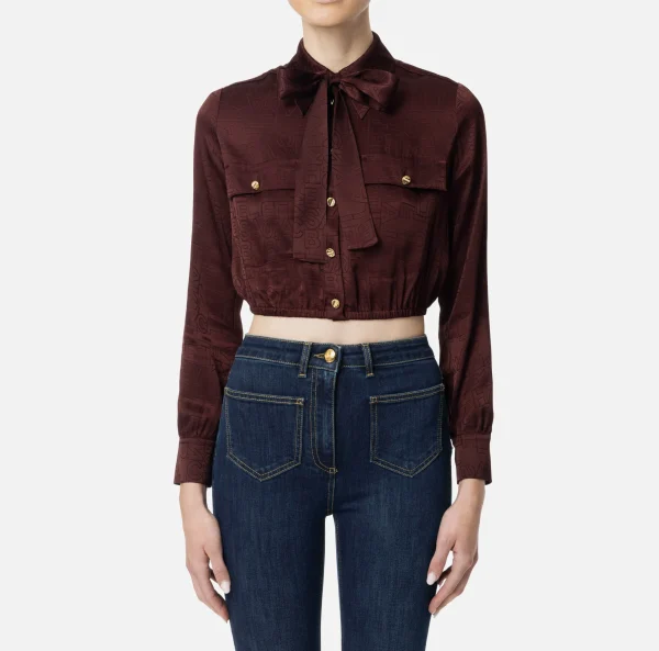 Elisabetta Franchi Camicie E Bluse^Camicia cropped in raso jacquard con foulard RougeNoir