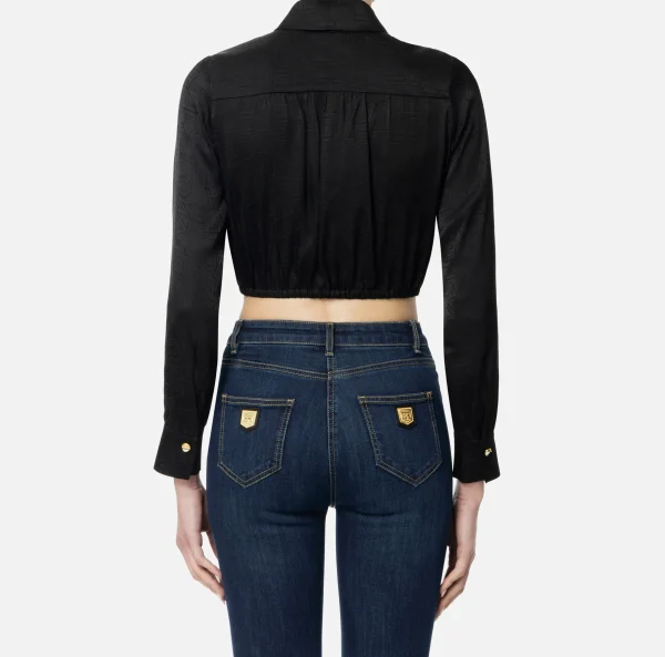 Elisabetta Franchi Camicie E Bluse^Camicia cropped in raso jacquard con foulard Nero