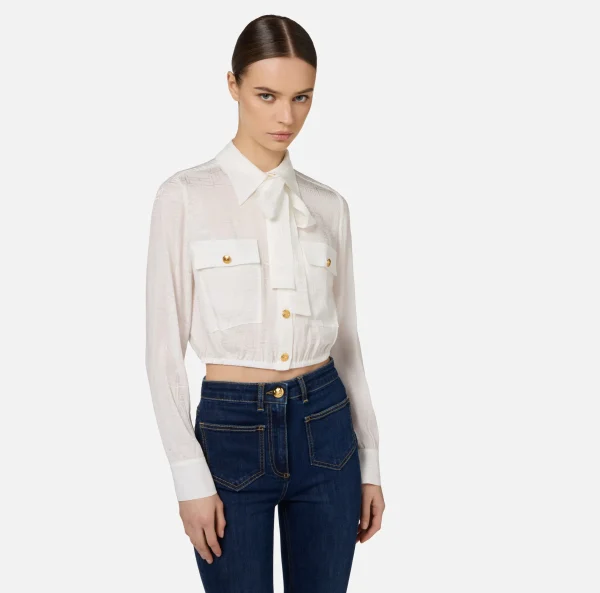 Elisabetta Franchi Camicie E Bluse^Camicia cropped in raso jacquard con foulard Avorio