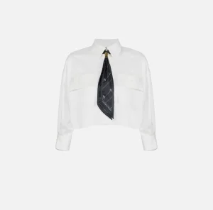 Elisabetta Franchi Camicie E Bluse^Camicia cropped in raso stretch con foulard Bianco