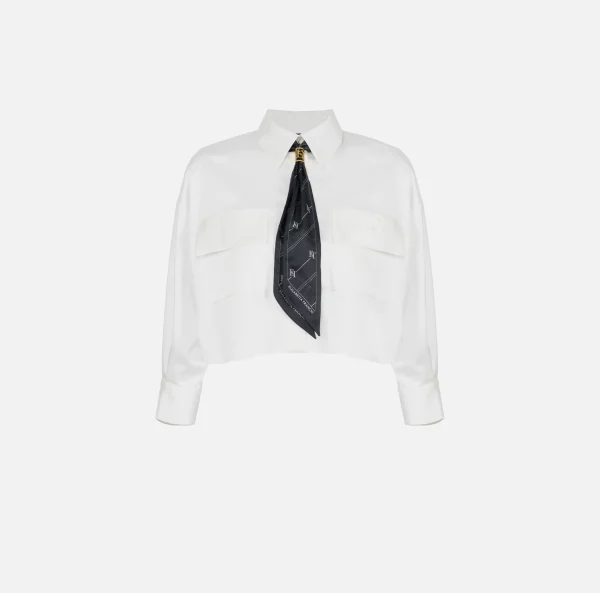 Elisabetta Franchi Camicie E Bluse^Camicia cropped in raso stretch con foulard Bianco