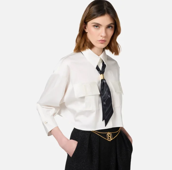 Elisabetta Franchi Camicie E Bluse^Camicia cropped in raso stretch con foulard Bianco