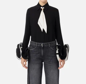 Elisabetta Franchi Camicie E Bluse^Camicia in georgette con ruches e foulard Nero/Burro