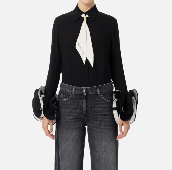 Elisabetta Franchi Camicie E Bluse^Camicia in georgette con ruches e foulard Nero/Burro