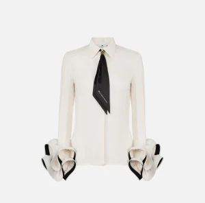 Elisabetta Franchi Camicie E Bluse^Camicia in georgette con ruches e foulard Burro/Nero
