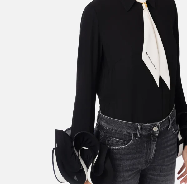 Elisabetta Franchi Camicie E Bluse^Camicia in georgette con ruches e foulard Nero/Burro
