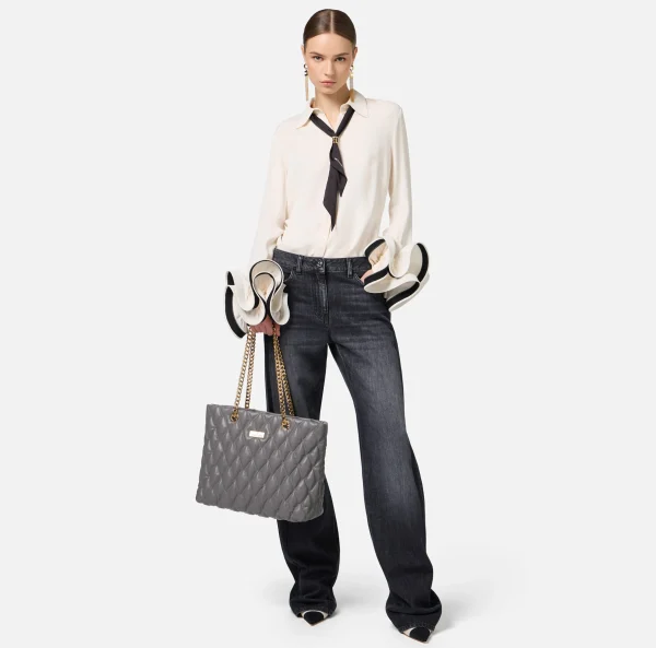 Elisabetta Franchi Camicie E Bluse^Camicia in georgette con ruches e foulard Burro/Nero