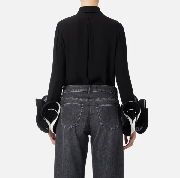 Elisabetta Franchi Camicie E Bluse^Camicia in georgette con ruches e foulard Nero/Burro