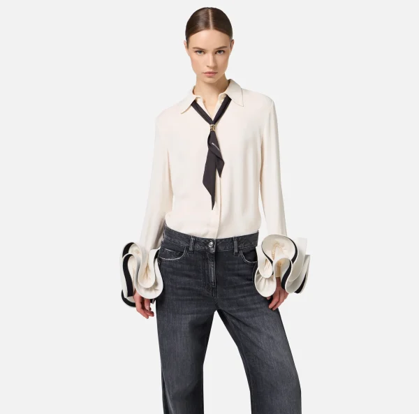 Elisabetta Franchi Camicie E Bluse^Camicia in georgette con ruches e foulard Burro/Nero