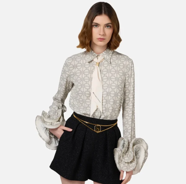 Elisabetta Franchi Camicie E Bluse^Camicia in georgette stampata con ruches e foulard Burro/Nero