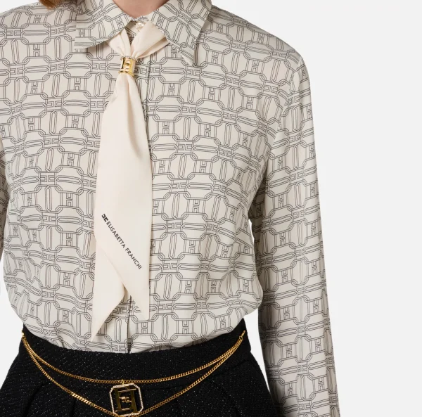 Elisabetta Franchi Camicie E Bluse^Camicia in georgette stampata con ruches e foulard Burro/Nero