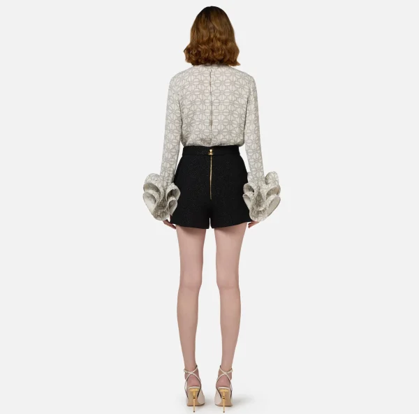 Elisabetta Franchi Camicie E Bluse^Camicia in georgette stampata con ruches e foulard Burro/Nero