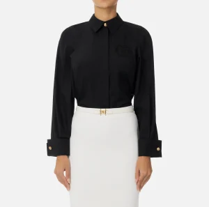 Elisabetta Franchi Camicie E Bluse^Camicia in popeline di cotone con arricciatura e stemma logo Nero