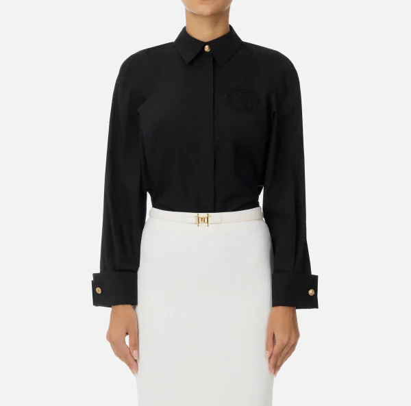 Elisabetta Franchi Camicie E Bluse^Camicia in popeline di cotone con arricciatura e stemma logo Nero