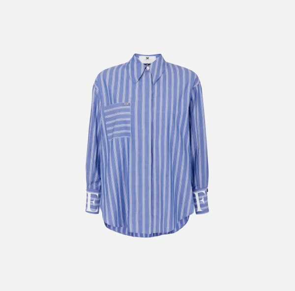 Elisabetta Franchi Camicie E Bluse^Camicia in popeline rigato con logo sui polsi Navy/Bianco