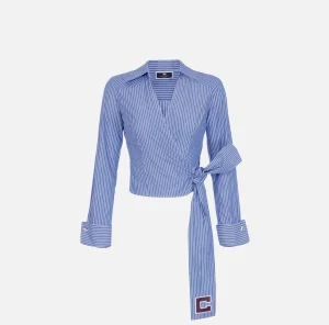 Elisabetta Franchi Camicie E Bluse^Camicia in popeline rigato con fusciacca ricamata Navy/Bianco