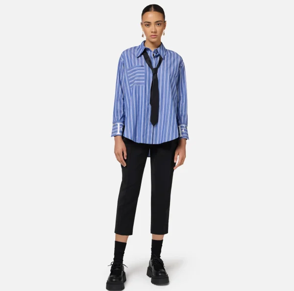 Elisabetta Franchi Camicie E Bluse^Camicia in popeline rigato con logo sui polsi Navy/Bianco