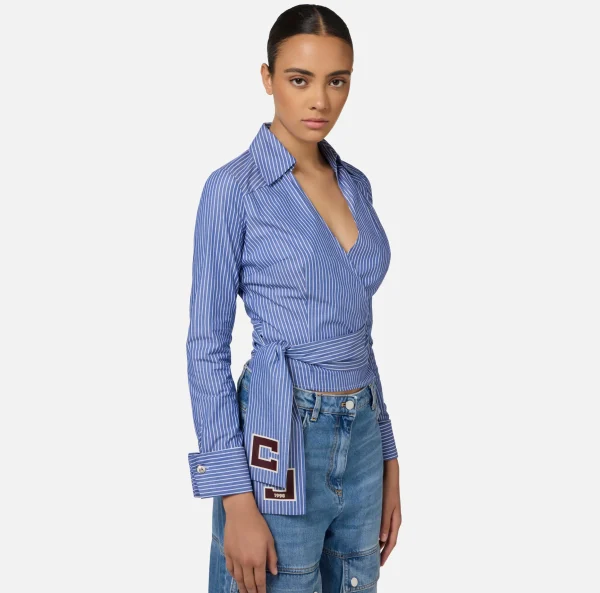 Elisabetta Franchi Camicie E Bluse^Camicia in popeline rigato con fusciacca ricamata Navy/Bianco