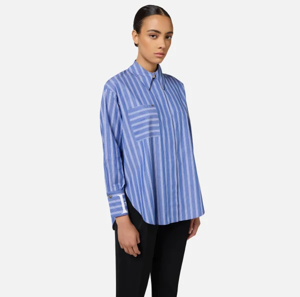 Elisabetta Franchi Camicie E Bluse^Camicia in popeline rigato con logo sui polsi Navy/Bianco