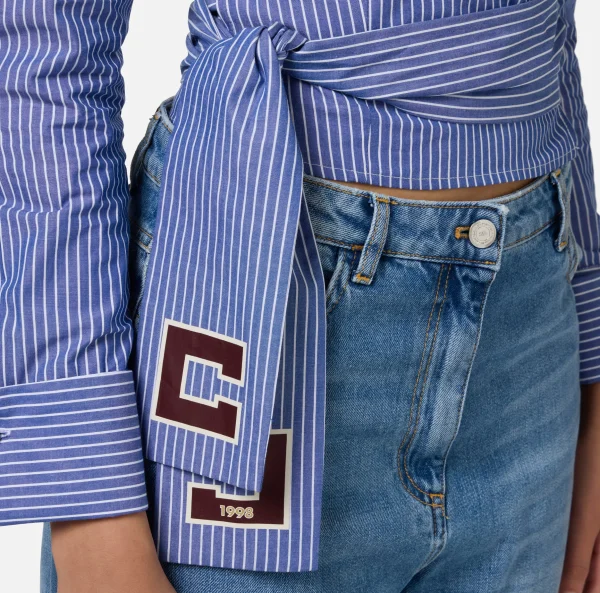 Elisabetta Franchi Camicie E Bluse^Camicia in popeline rigato con fusciacca ricamata Navy/Bianco