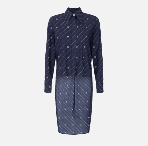 Elisabetta Franchi Camicie E Bluse^Camicia in popeline stampato con fondo asimmetrico Navy/Crema