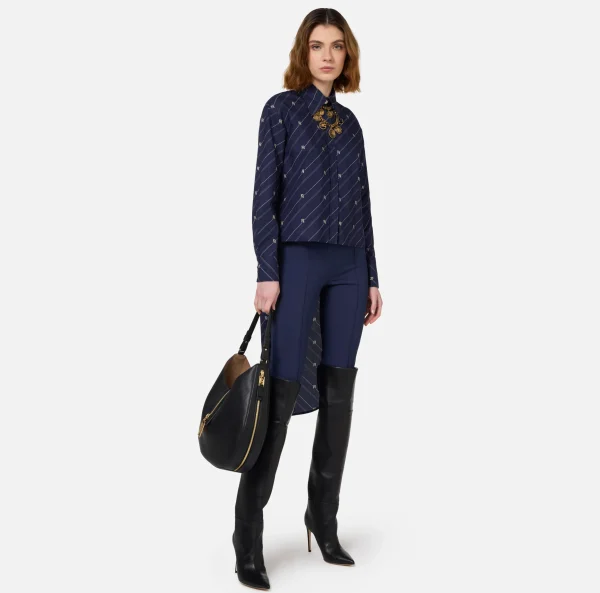 Elisabetta Franchi Camicie E Bluse^Camicia in popeline stampato con fondo asimmetrico Navy/Crema