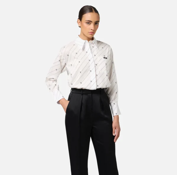 Elisabetta Franchi Camicie E Bluse^Camicia in popeline stampato con etichetta logo Navy/Crema